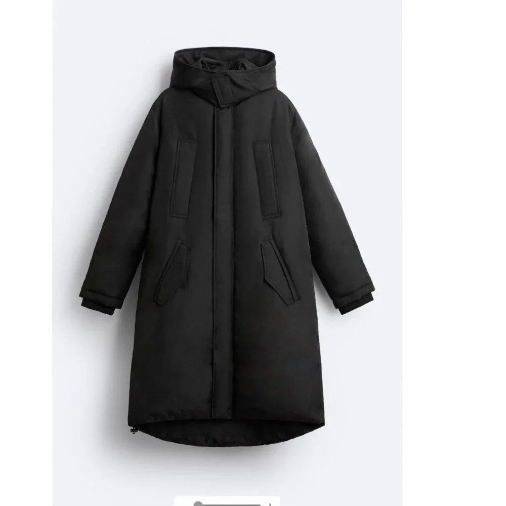 MEN Zara Charcoal Grey Black Quilted Parka With Detachable Hood Coat Size L NWT - Picture 13 of 13